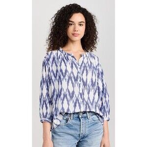Marea by Liz Joy Jackie Top Ikat Blue Long Sleeve Flowy Button Front Blouse S